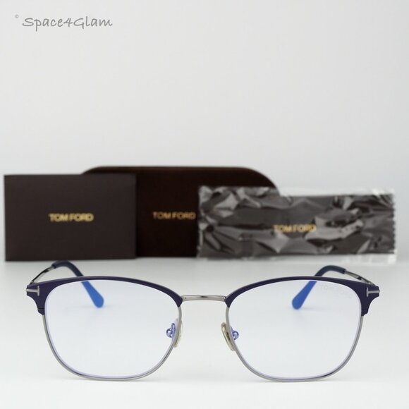 Tom Ford Men Eyeglasses Matte Blue Silver Blue Block Square FT5750-B 091 NEW